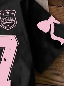 女童休闲时尚创意个性清新简约别致数字67徽章，粉色蝴蝶结，粉黑撞色，字母标语印花宽松T恤，舒适日常穿着，温暖的夏秋款式，适合春、夏、秋季穿着。 - 彩色 - 查看 5