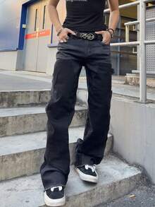 ROMWE MEN Men's Straight Leg Loose Casual Jeans With Pockets Spring/Summer - Black - View 1