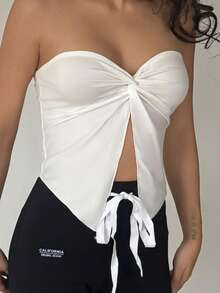 RebeccaVibe 1 件女式杏色纹理针织扭纹前部不对称下摆吊带背心，度假风格 - 杏色 - 查看 4