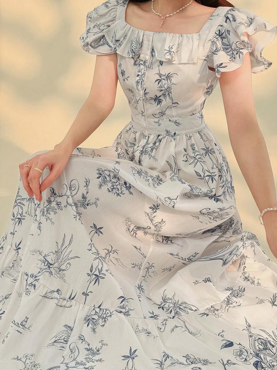 DAZY 荷叶袖、荷叶边、碎花吊带连衣裙，优雅办公室圆领连衣裙，夏季长款连衣裙 - 灰藍色 - 查看 1