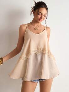 Freevana 波西米亚风V领吊带蕾丝拼接宽松雪纺上衣，轻盈飘逸，休闲百搭，杏色 - 杏色 - 查看 3