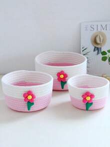 Handmade Woven Tabletop Storage Basket, Toy Organizer, Snack Makeup Basket, Foyer Remote Control Box, Home Decor, Holiday Gift Basket - Pink - View 5