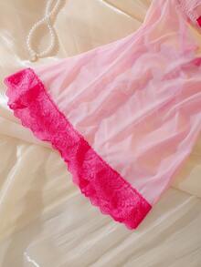 Elegant Lace Patchwork Contrast Color Deep V-Neck Bowknot Ruched Sexy Nightgown, Charming & Graceful For Women - Pink - View 6