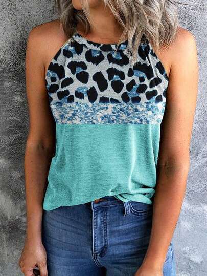 INAWLY Fashionable Leopard Print Color Block Halter Neck Casual Tank Top, Suitable For Vacation Wear, Spring/Summer