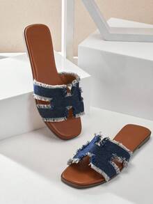 SHUZIA #Streetchic Women's Harness Cut-Out Open Toe Soft-Cushion Dark Indigo Slide Sandals – Casual, & Easy To Style - Blue - View 6