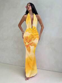 Aloruh Casual Full Floral Print Draped Neck Dress For Women - Multicolor - View 3