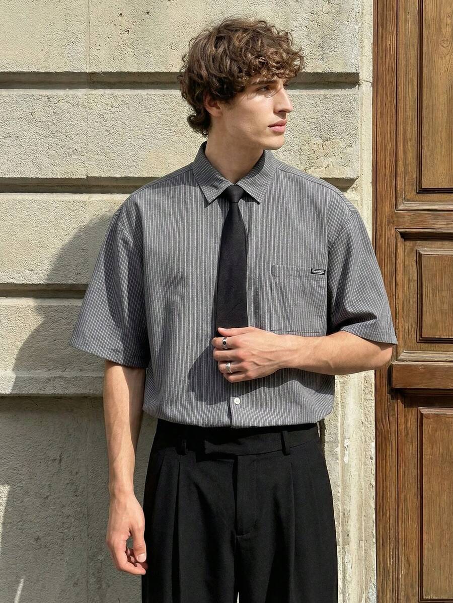 SWAVVY Men's Line Print Simple Daily Short Sleeve Shirt Mens Summer Button Up With Tie Cropped Mens Shirts - Grey - View 1