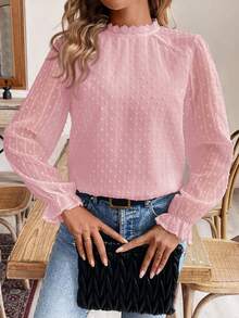SHEIN Frenchy 女士时尚优雅波点立领长袖衬衫 - 淺粉色 - 查看 5