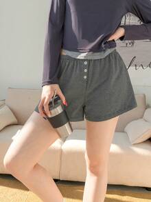 K-Vae Women's Elastic Waist Button Design Striped Casual Shorts - Black and White - View 4