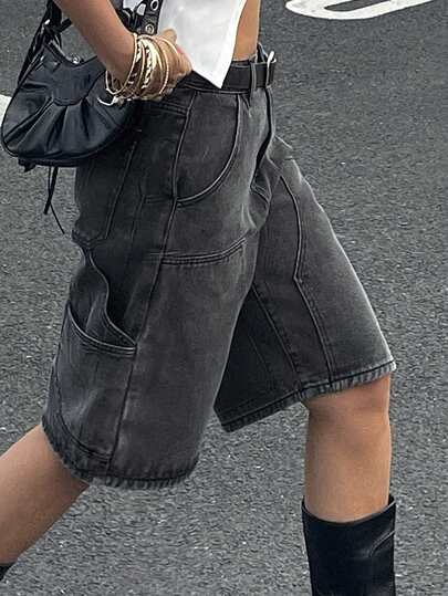 DAZY Western Cowgirl Split Pocket Straight Leg Capri Jeans, Casual Street Style Denim Shorts For Women, Spring/Autumn