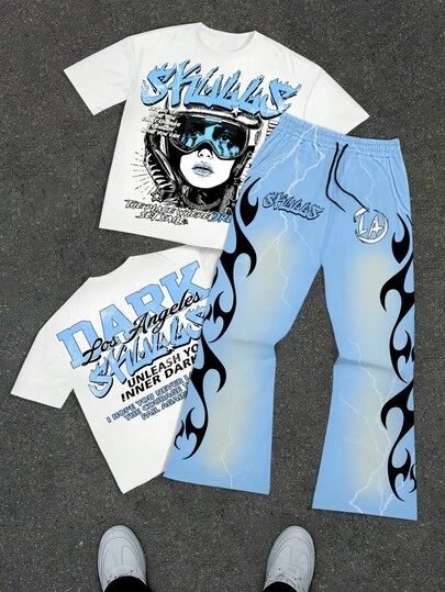 Manfinity EMRG Conjunto de 2 piezas de camiseta de manga corta de cuello redondo con gráfico de retrato y letra casual, y pantalones acampanados, estilo callejero de verano, conjunto de pantalones y camiseta de 2 piezas para hombres, ropa Y2K para hombres