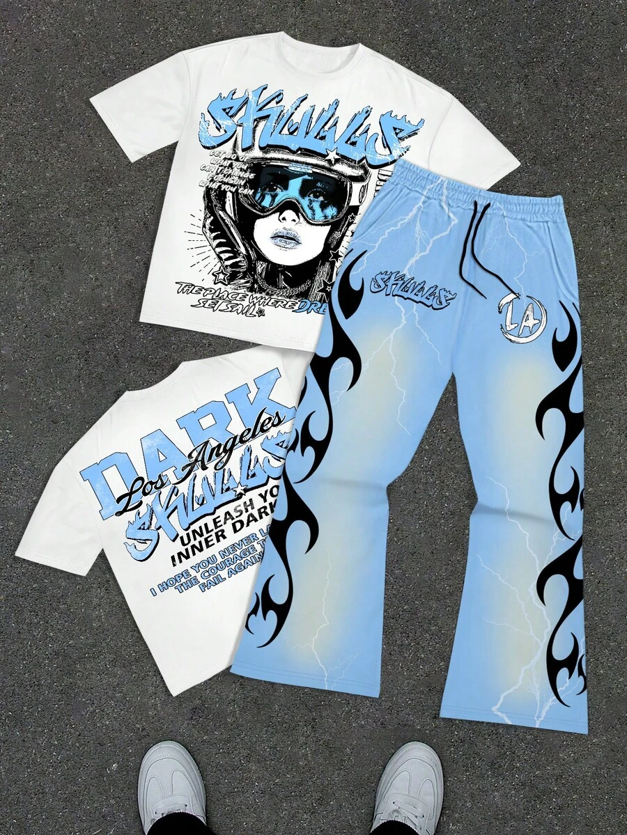 Manfinity EMRG 2 件男士肖像和字母图案休闲圆领短袖 T 恤和喇叭裤套装，夏季街头风格 T 恤和喇叭裤套装男士 Y2k 服装男士 2 件裤套装 - 彩色 - 查看 1