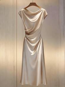 Franclia Đầm dài nữ thanh lịch với cổ áo xếp ly, viền bèo nhún và cúc giả trang trí, eo thắt, điểm nhấn là cúc ngọc trai, dáng chữ A, phù hợp cho công sở, phong cách tối giản, kỳ nghỉ lãng mạn, dự tiệc và mặc hàng ngày. - Màu be - Xem 3