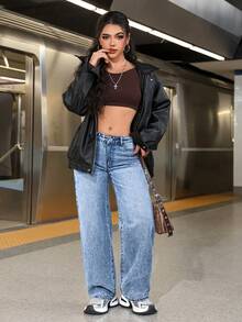 SHEIN PETITE 女士口袋宽松阔腿休闲百搭牛仔裤 - 淺色水洗藍 - 查看 7