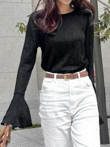 FRIFUL 女士圆领蕾丝面料修身喇叭袖纯色休闲T恤 - 黑色 - 查看 4