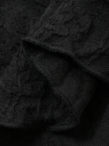 FRIFUL 女士圆领蕾丝面料修身喇叭袖纯色休闲T恤 - 黑色 - 查看 7