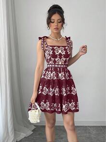 Rafferiza 复古极简刺绣系带吊带短裙 - 玫紅色 - 查看 6