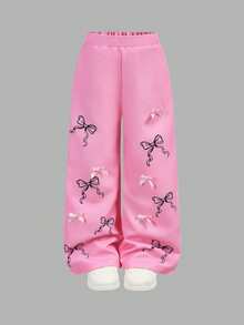 2 Stücke/Set Kleine Mädchen Weißes T-Shirt mit Schleifen Muster & Rosa Blumen Muster Hose, Lässig, Modisch, Vielseitig, geeignet für Ausflüge, Schwester Fotoshootings, Parkbesuche, Camping, Urlaub, Alltags Lässig Tragen - Verschiedenfarbig - Übersicht 9