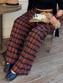 Dazy Plus 大码女式格子松紧腰抽绳宽松直筒休闲裤，街头风 - 亮橙色 - 查看 2