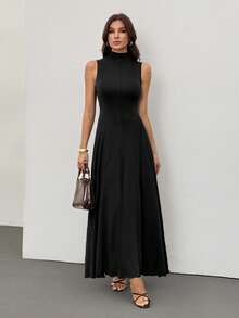 SHEIN Tall Đầm cổ cao không tay màu đen cho nữ, đầm dài mùa thu, trang phục đi biển cho nữ, đầm thanh lịch, đầm dạ hội, đầm mùa thu cho nữ, đầm dự tiệc prom, đầm, đầm dự lễ hội homecoming, trang phục đi biển cho nữ, đầm, đầm vintage, đầm đen, đầm hè cho nữ, đầm dự tiệc trà. - màu đen - Xem 6