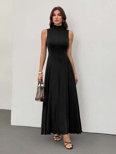 SHEIN Tall Svart ärmlös polotröja-klänning för kvinnor, långa höstklänningar, outfits för kryssningsdamer, elegant klänning, aftonklänning, höstklänningar för kvinnor, balklänning, klänning, homecoming-klänningar, strandoutfits för kvinnor, klänning, vintageklänning, svart klänning, sommarklänningar för kvinnor, tea party-klänning