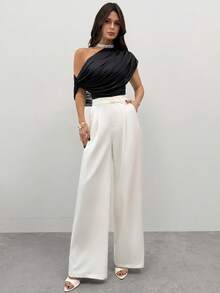 Firerie 夏季新款女士优雅不对称肩短袖褶皱腰身修身针织网纱连体衣，适合派对、日常、度假、教师、机场、海滩等场合穿着。 - 黑色 - 查看 6