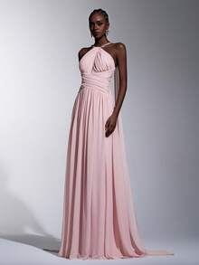 Elitara 优雅奢华粉色飘逸雪纺宽肩带性感露背披肩式女士正式晚礼服 - 粉色 - 查看 6