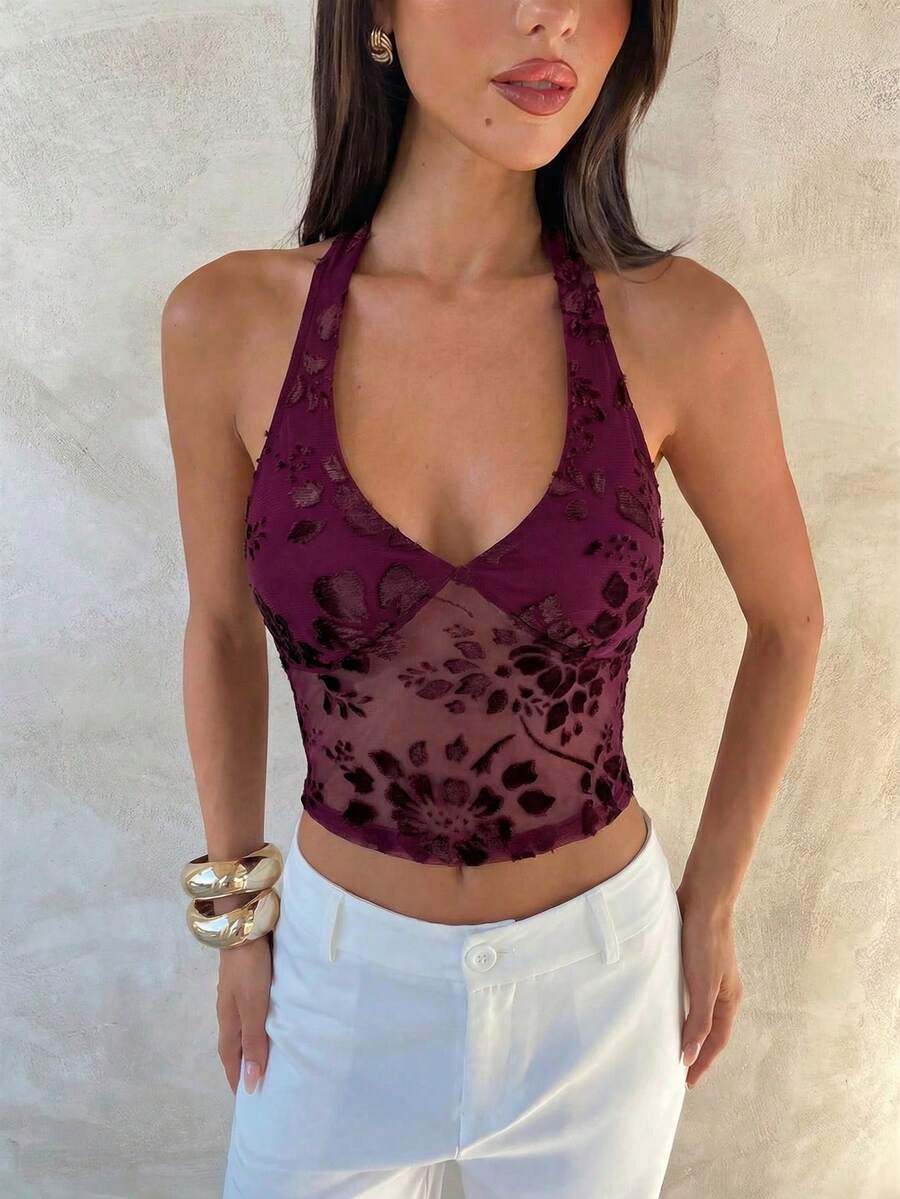 Aloruh Romantisches Spitzen-Schnürung Figurbetontes Strukturiertes Strick-Camisole für Frauen für Dates - Verschiedenfarbig - Übersicht 1