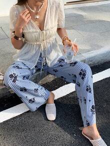 Elyressa 休闲度假畅销款蓝白条纹黑色花卉印花松紧腰系带蝴蝶结宽松直筒裤 - 藍色 - 查看 5