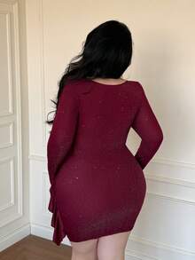 Vibekara Valentine New Stylish Sexy Fringe Square Neck Long Sleeve Slim Fit Bodycon Mini Dress, Spring/Autumn - Purple - View 2