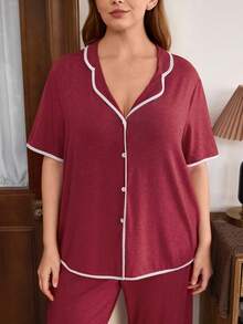 Doze Lane Plus Size Casual American Style Turndown Collar Short Sleeve Loose Soft Pajama Set - Burgundy - View 5
