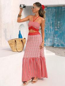 Conjunto informal de 2 piezas de verano para vacaciones de mujer, con camiseta sin mangas con lazo y adorno floral en la espalda, y falda holgada de línea A con adorno floral en la cintura - Rojo y blanco - Ver 8