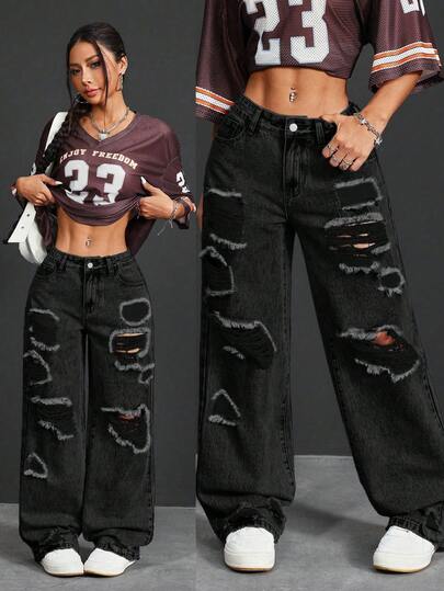 SHEIN PETITE 女式时尚百搭宽松破洞阔腿牛仔裤