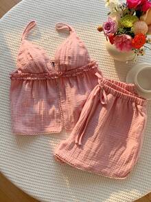Conjunto informal de 2 piezas de mujer en azul marino con lunares, incluye camiseta de tirantes y pantalones con estampado de lunares, adecuado para primavera, verano, vacaciones, hogar, festivales de música, vuelta al colegio, atuendos casuales - Rosa 3 - Ver 4