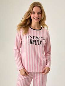 Loomlin Cotton 2Pcs  Striped&Slogan Printed Long Sleeve Shirt And Striped Long Bottom Lounge Set - Pink - View 4