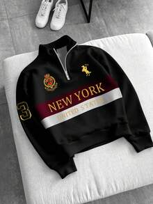 Manfinity Campus Court 男士半拉链套头卫衣，饰有纽约字母和数字图案，撞色设计，休闲宽松版型，复古美式风格 - 彩色 - 查看 4