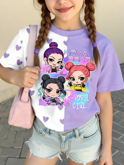 Camiseta corta básica relajada con estampado de gráfico de letra de lema, estilo fresco y minimalista, con diseño de estrella de pentagrama colorido, corazón degradado púrpura y blanco, adecuada para uso diario cómodo en primavera y verano para chicas