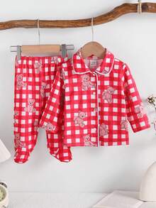Newborn Baby Pajamas-2 Piece Pajama Set Bear Print Round Neck Long Sleeve Button Front Long Pants Cute Sleep Romper Toddler Girls Boys Loungewear Four Seasons Holiday 2026 Gift Soft Lightweight Pink Red Gingham Classic - Multicolor - View 8