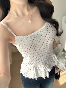 FRIFUL 女款純色內層波點細肩帶背心搭配外層繫帶開襟針織外套，寬鬆休閒百搭春季穿搭兩件套可愛上衣 - 白色 - 查看 10