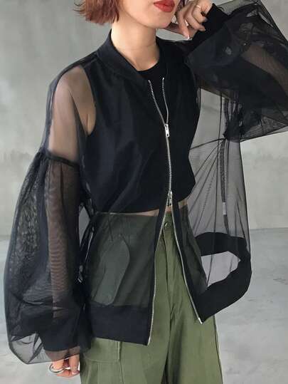 FRIFUL 女士网眼拉链透视纯色长袖常规外套