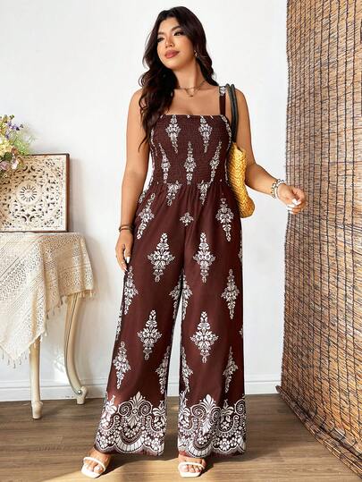 Breezaya 大码女式印花波西米亚浪漫度假春夏沙滩连体裤，棕色底白色印花，松紧腰带可调节裤腿