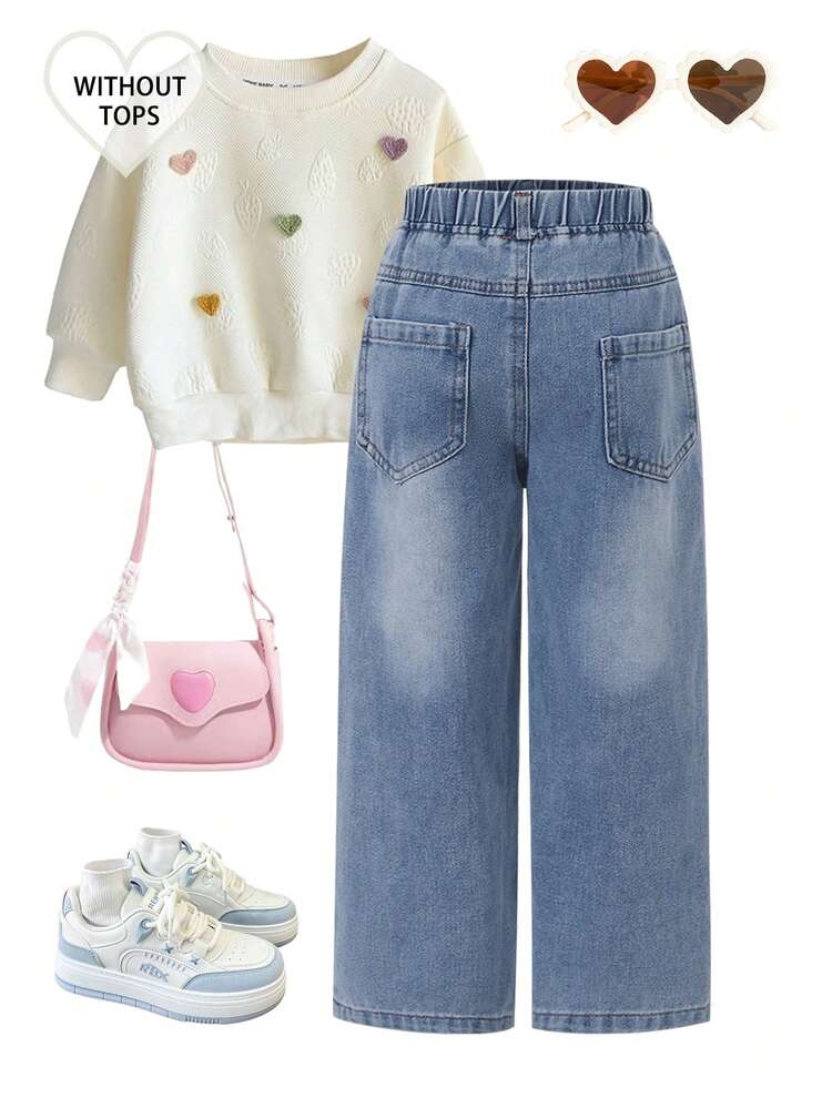 SHEIN Young Girls Jeans,Blue,Summer Medium Wash Street Style Y2K Irregular Elastic Waist Rhinestone Decor Loose Straight Leg Soft Cotton Denim Non-Stretch - Dark Wash - View 2