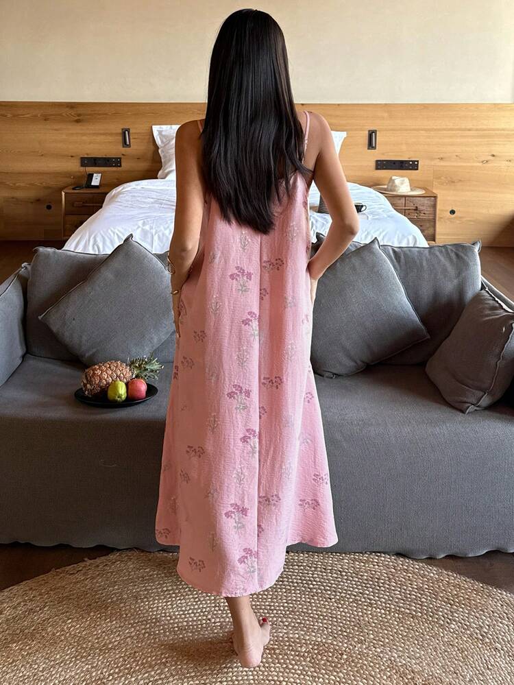 Floral Print Patchwork Trim Camisole Nightgown For Women