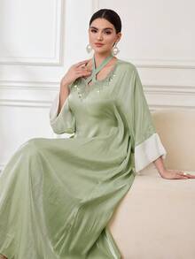 Al Najma 女士优雅奢华缎面串珠V领长袖连衣裙，适合派对和外出穿着 - 綠色 - 查看 7