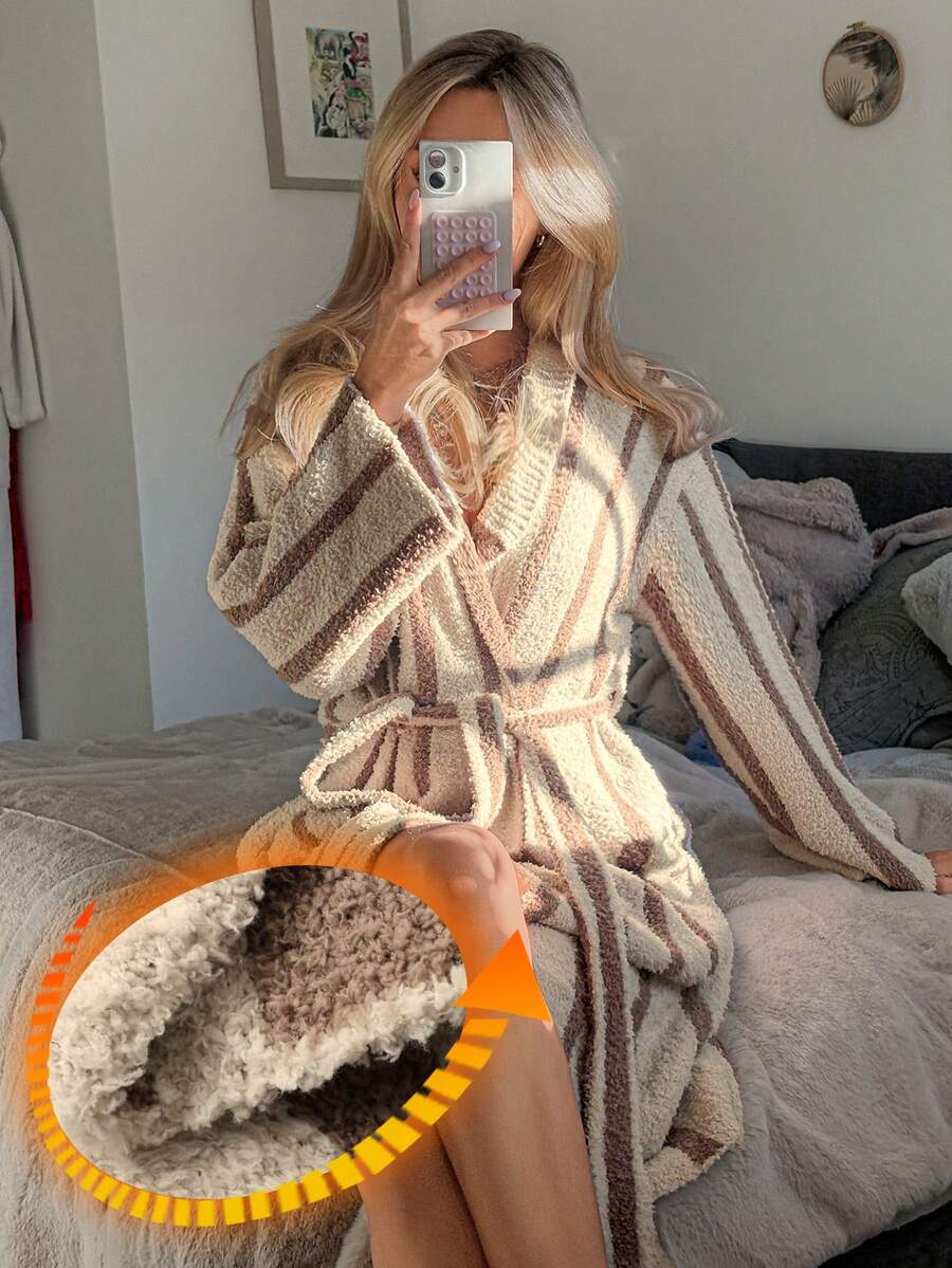 DAZY 女士条纹提花抓绒中长睡袍，冬季睡衣 - 咖啡棕 - 查看 1