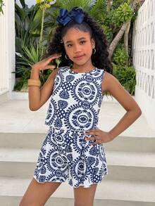 Tween Girls' Casual Sleeveless Printed Top And Shorts Set - Blue and White - View 3