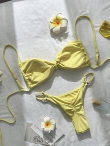 Swim Mod Women's Solid Color Floral Decor Spaghetti Strap Bikini Set, Spring/Summer - Yellow - View 4