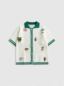 ROMWE MEN Street Life 青少年男孩夏季休闲贴花纽扣针织开衫 - 綠色 - 查看 1