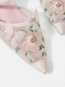CUCCOO HITCHD 女士时尚优雅派对花卉刺绣网纱蝴蝶装饰尖头高跟鞋 - 淺粉色 - 查看 11