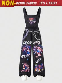 SHEIN 少女针织星形印花背带裤，时尚返校装，个性百搭，适合春、夏、秋季穿着 - 黑色 - 查看 3